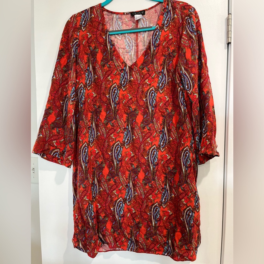 VENUS Womans Shift Dress Paisley V-Neck Flare Sleeve Rust Multicolor Size 8